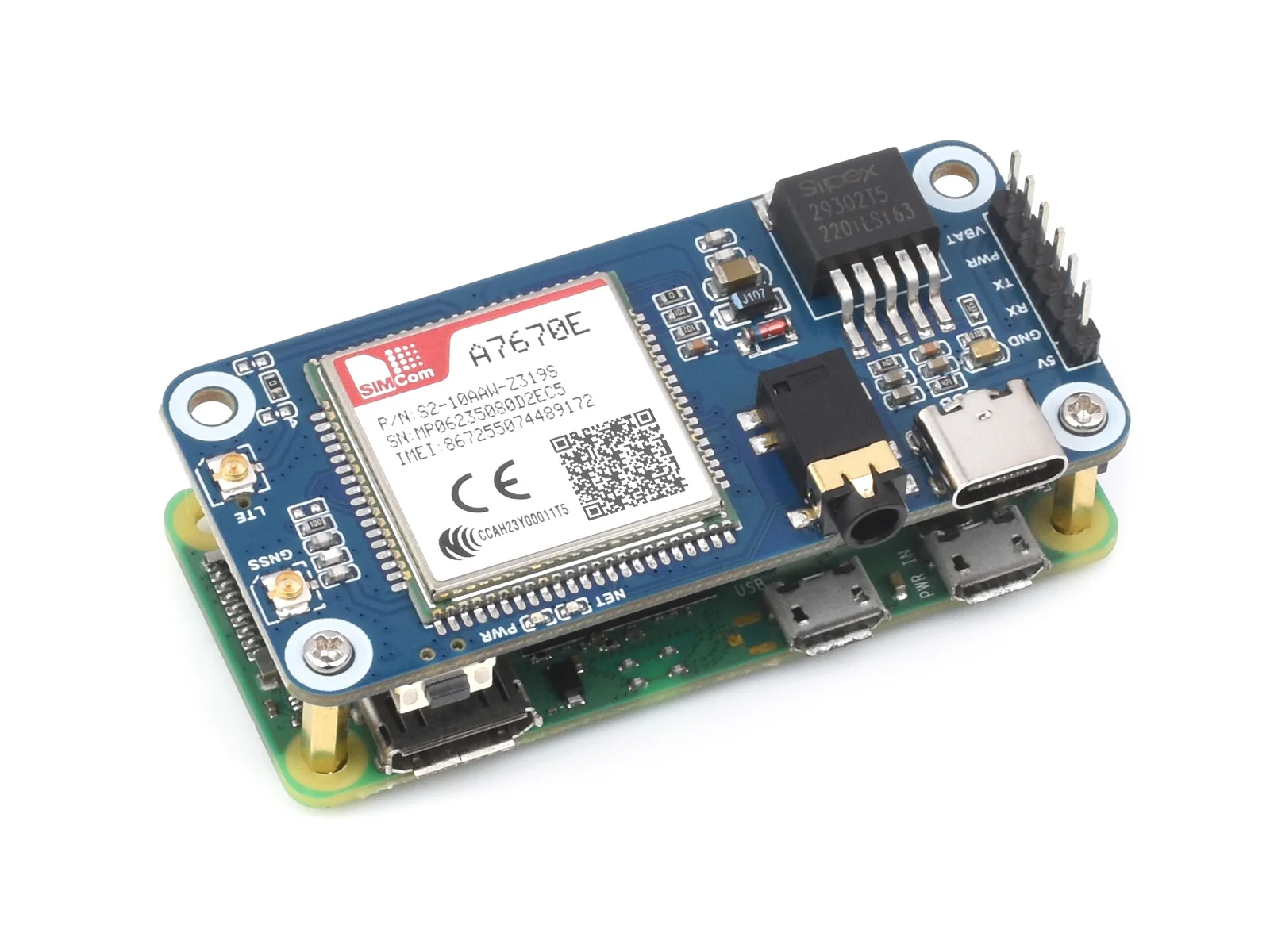 Waveshare  ̿ Cat-1/GSM/GPRS/GNSS HAT, A7670E , LTE Cat-1/2G ,   5/4B/3B/Pi Zero