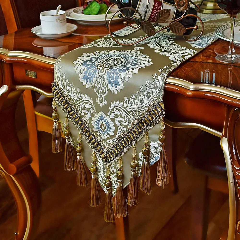 

Elegant Floral Jacquard Table Runner Dining Table Runner with Handmade Multi-Tassels for Dining Room Dresser Party Banquet Decor