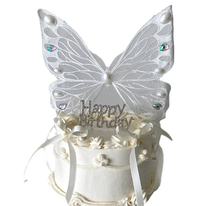Multicolor Butterfly Wings Cake Topper LED Light Happy Birthday Lighting Pearl Butterfly Wings Plastic Party Favors Supplies