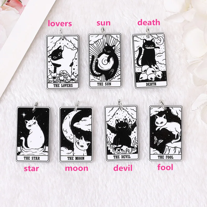 8Pcs 39*23 MM Black White Cat Tarot Card Charms Creative Acrylic Sun Moon And Lovers Jewelry For Earring Necklace Diy