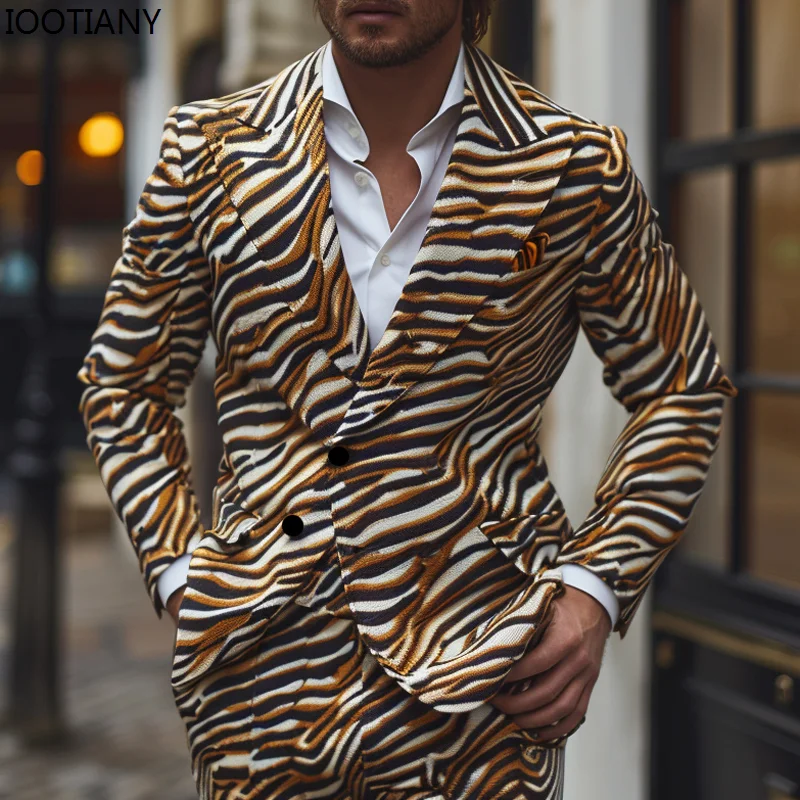 Men Suit Two-piece Blazer With Pants Leopard 3D Printed For Party
