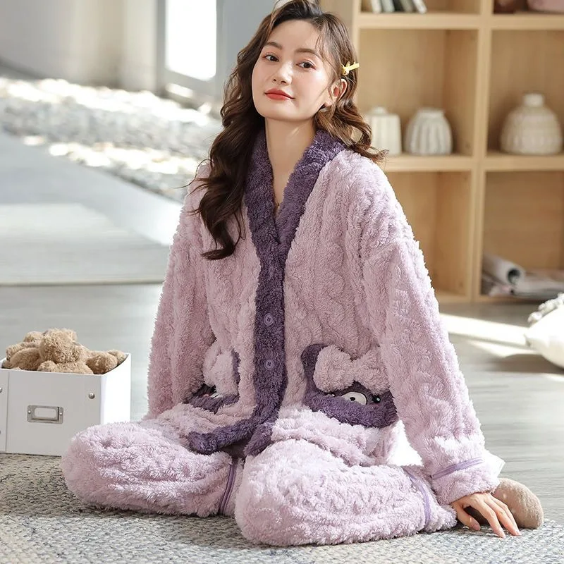 2023 New Coral Velvet Pajamas for Women Autumn Winter Plush Thickened Loungewear Student Cute Cardigan Flannel Warm Homewear