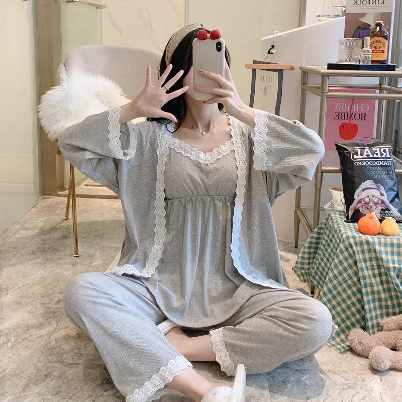 Lace Patchwork Cotton Maternity Nursing Sleepwear Elegant Loose Pajamas Suit for Pregnancy Women Home Sleep Lounge Wear 3PCS Set 3