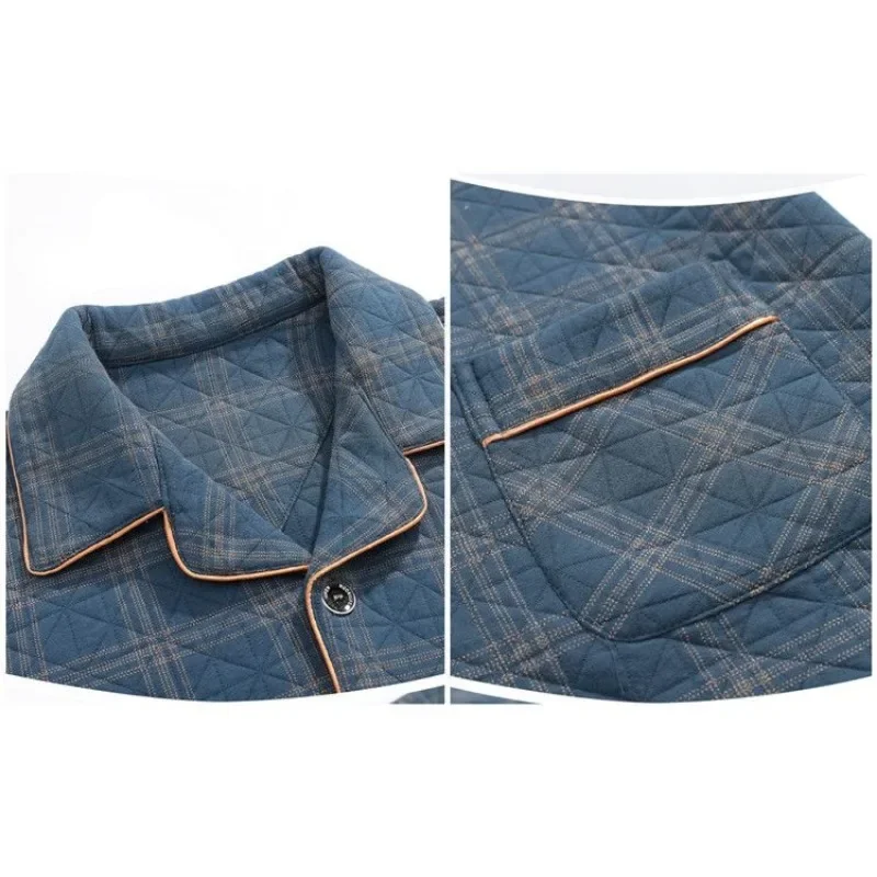 2024 New Autumn Winter Warm Air Cotton Sandwich Pajamas Men's Thick Pure Cotton Long-Sleeved Homewear Suit Cardigan Plus Size