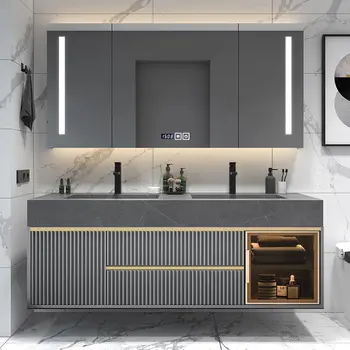 European Modern Double‑Sink Bathroom Vanity Set with Countertop & Lighted Mirror 5