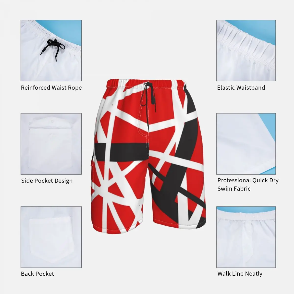 Van Halen Board Shorts EVH 5150 STRIPES Pattern Beach Shorts Males Printing Plus Size Swim Trunks Gift Idea