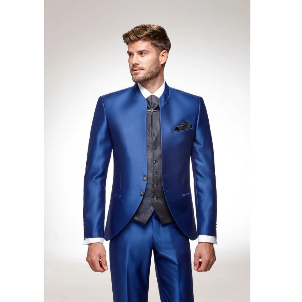 

Royal Blue Male Suit Slim Fit Chic Stand Collar Single Breasted Blazer Wedding Party Prom Tuxedo Full Men's Suit 3 Piece 2023