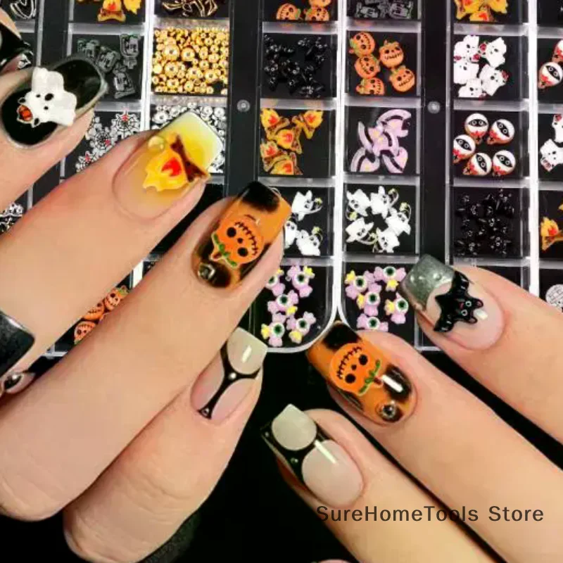 12 Grids/Box Halloween Nail Charms - Cartoon Ghost Pumpkin Spider Bat Nail Art Jewelry, DIY Manicure Decoration Accessories
