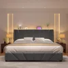 King Size Bed Frame with Velvet Headboard, Platform Bed Featuring Storage Headboard, Charging Station, and LED Lights for Modern 1