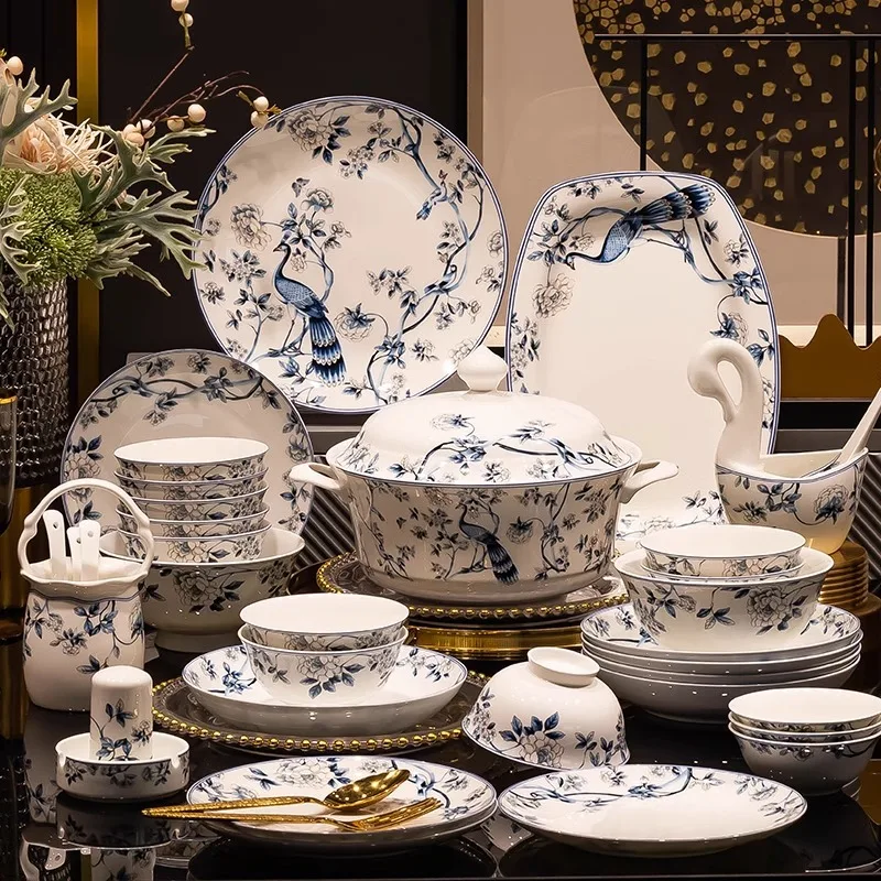 Blue Peacock Bone China Dining Plate Blue and White Kitchen