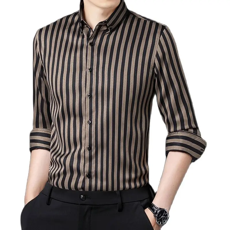 Men Black Striped Long Sleeve Single Breasted Shirt Square Collar Yellow Brown