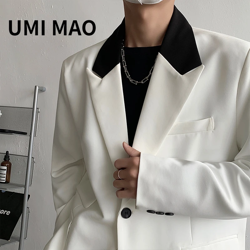 

UMI MAO Yamamoto Dark Neckline Splicing Color Contrast Design Men Women Senior Sense Handsome Korean Loose Blazers Coat Y2K