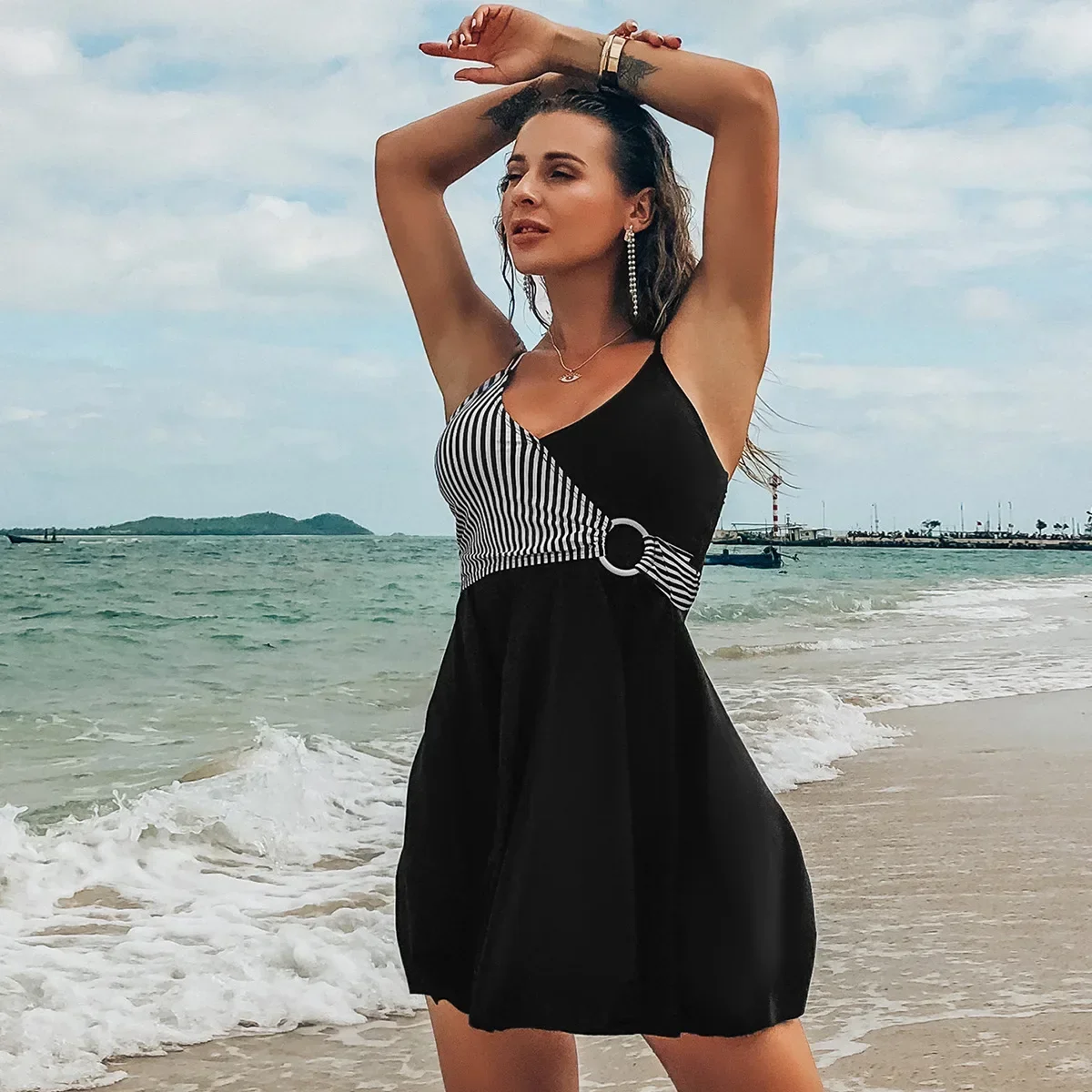 Printed Skirt-Style Dot Split Swimwear Summer Women Casual Beach Party Swimwears New Fashion Black Blue Conservative Bathsuits