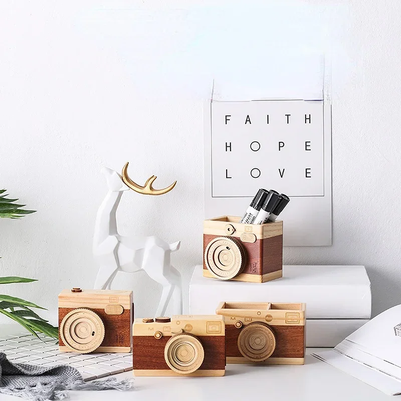 Pencil Holder Camera-shaped Wood for Office