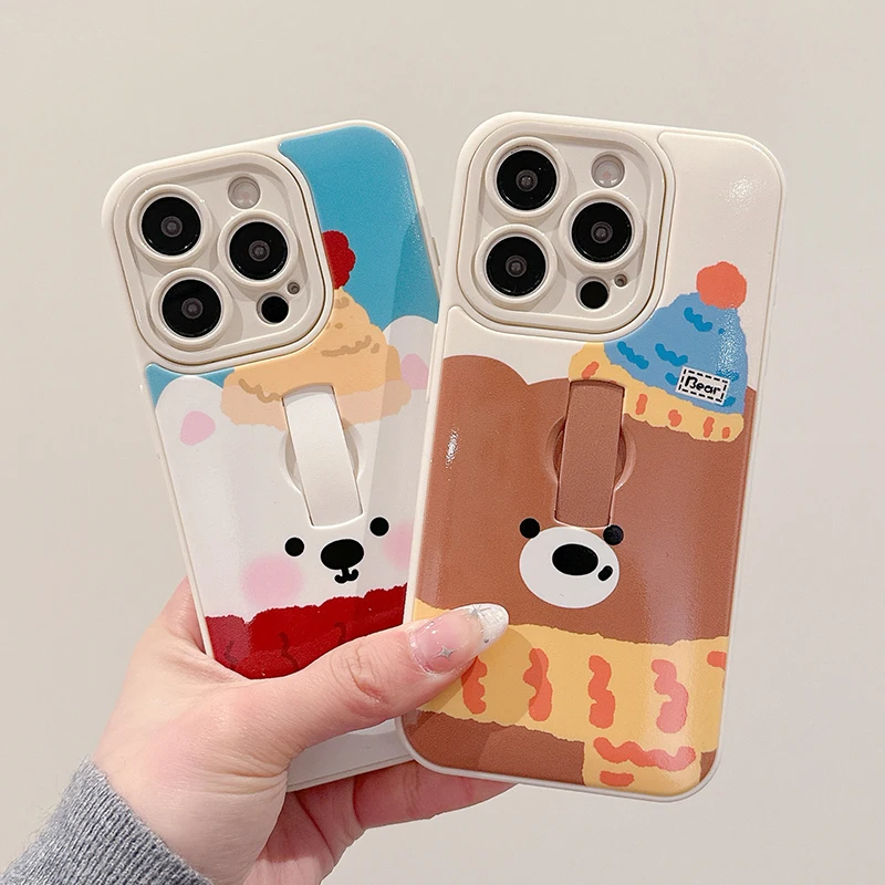 Cartoon Cute Bear Dog Ring Holder Phone Case For iPhone 16 15 13 14 Pro Max TPU Back Cover With Bracket
