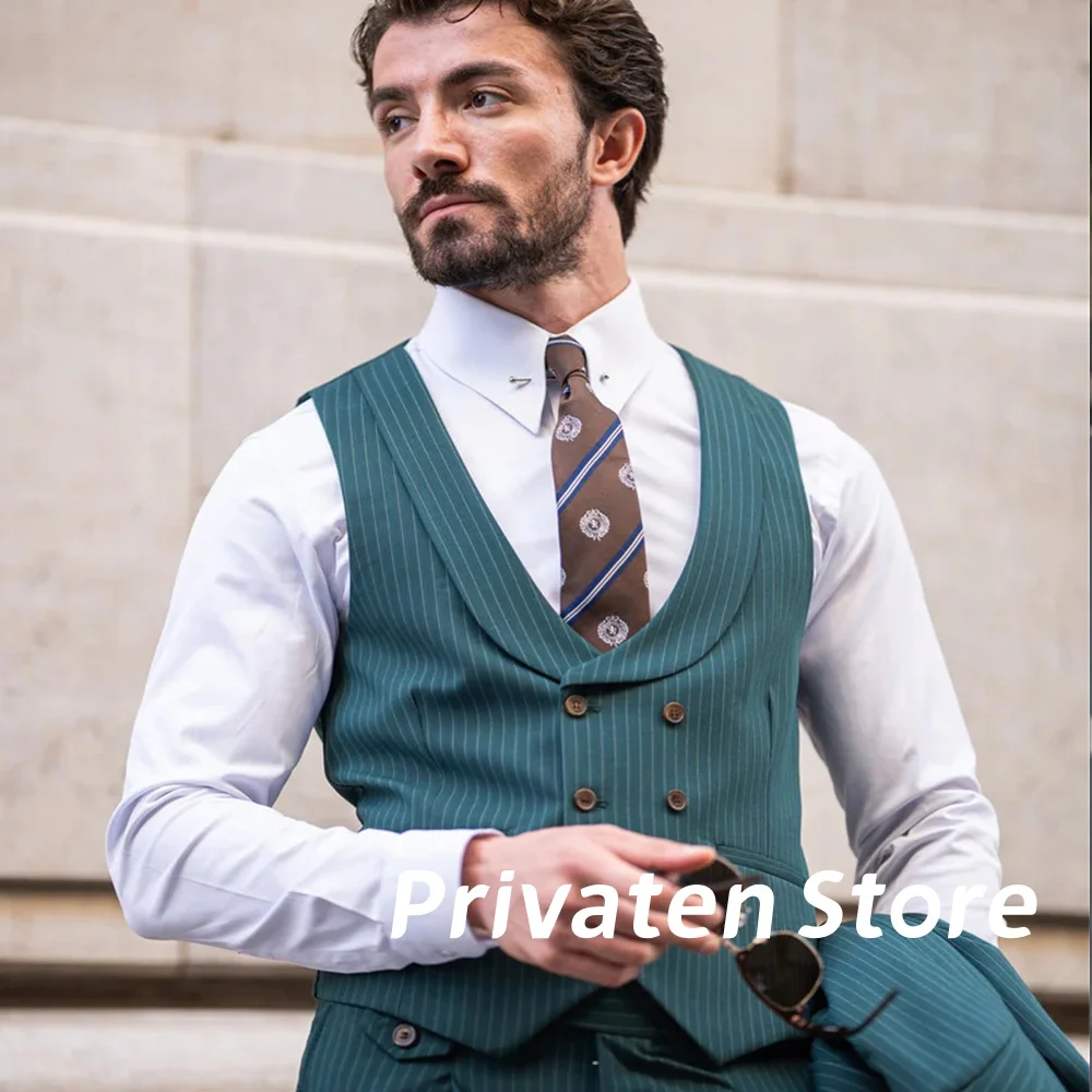 Vest For Men Stripe Slim Fit Shawl Collar Double-Breasted Vests Classic Dark Green Sleeveless Waistcoat colete masculino