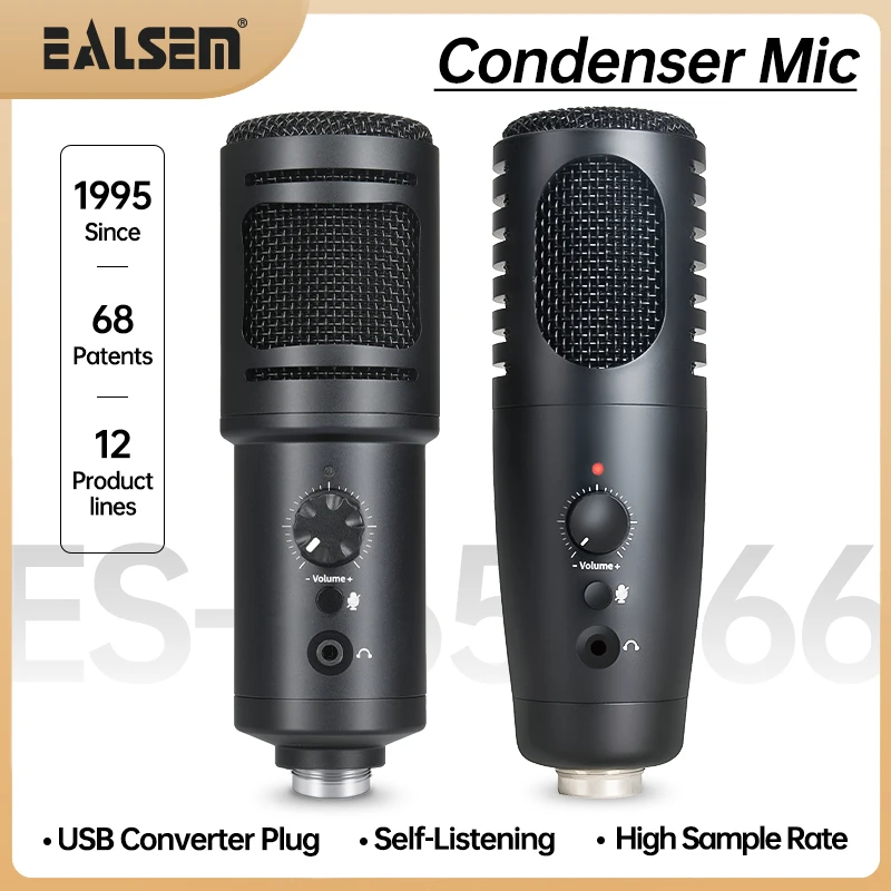 

USB-микрофон EALSEM 765 766, конденсаторная лампа с подключением и воспроизведением, отключение в одно нажатие, для ПК, Mac,PS4, записи, прямых трансляций, YouTube