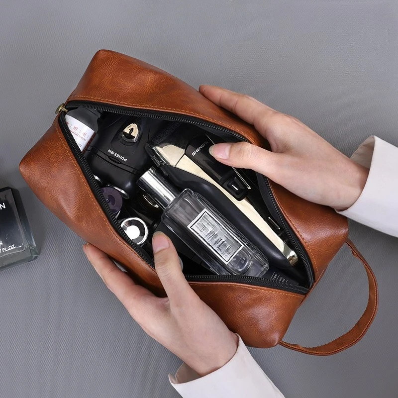 Men Leather Travel Business Shaving Cosmetic Bag Storage Portable Toiletry Bag Large Capacity Organizer Handheld Make Up Bag