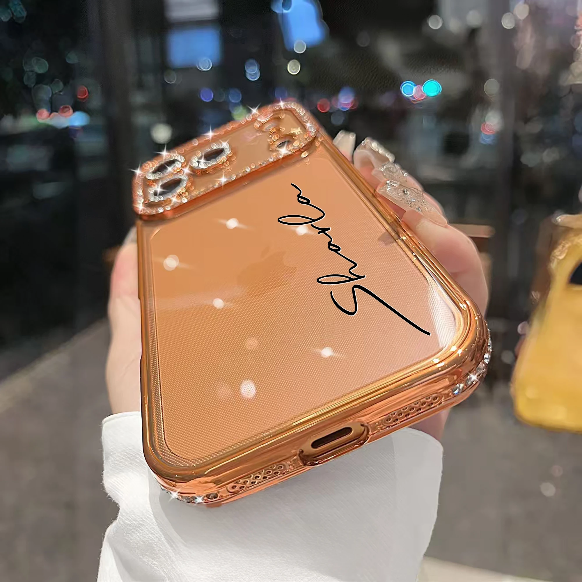 Custom Letters Name Starry Orange Rhinestone Glitter Frame Transparent Phone thumbnail 6
