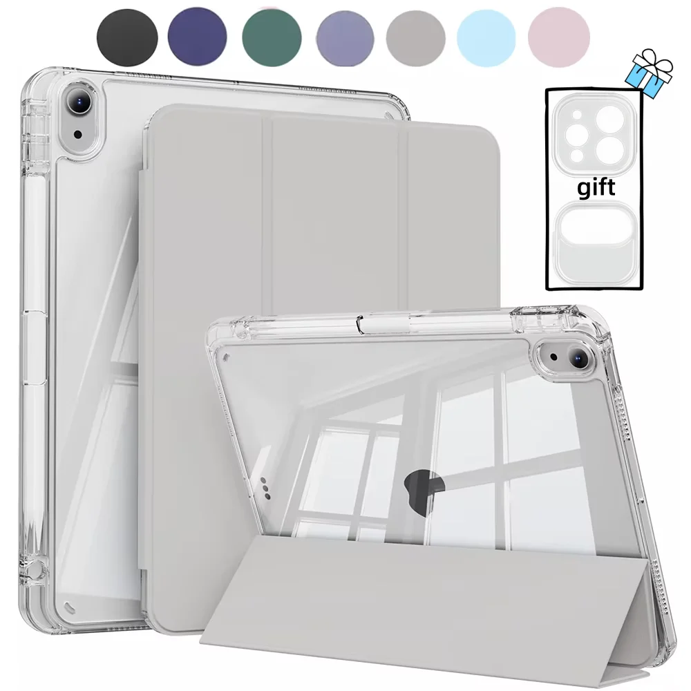 Sleek Transparent Acrylic Back Cover Trifold Stand Tablet Case with Pen Slot