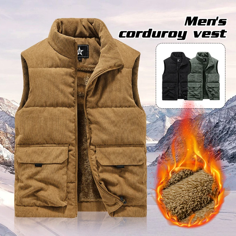 Men Warm Vests Jacket  Autumn Winter Stand Collar Plush Thicken Sleeveless Leisure Down Cotton-Padded Corduroy Vest Coat