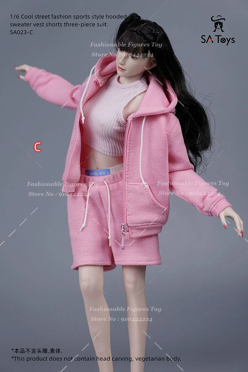 SA Toys 1/6 여성 군인 스포츠 후드 대형 지퍼 업 코트 슬림 조끼 캐주얼 반바지 복장 12 액션 피겨 모델