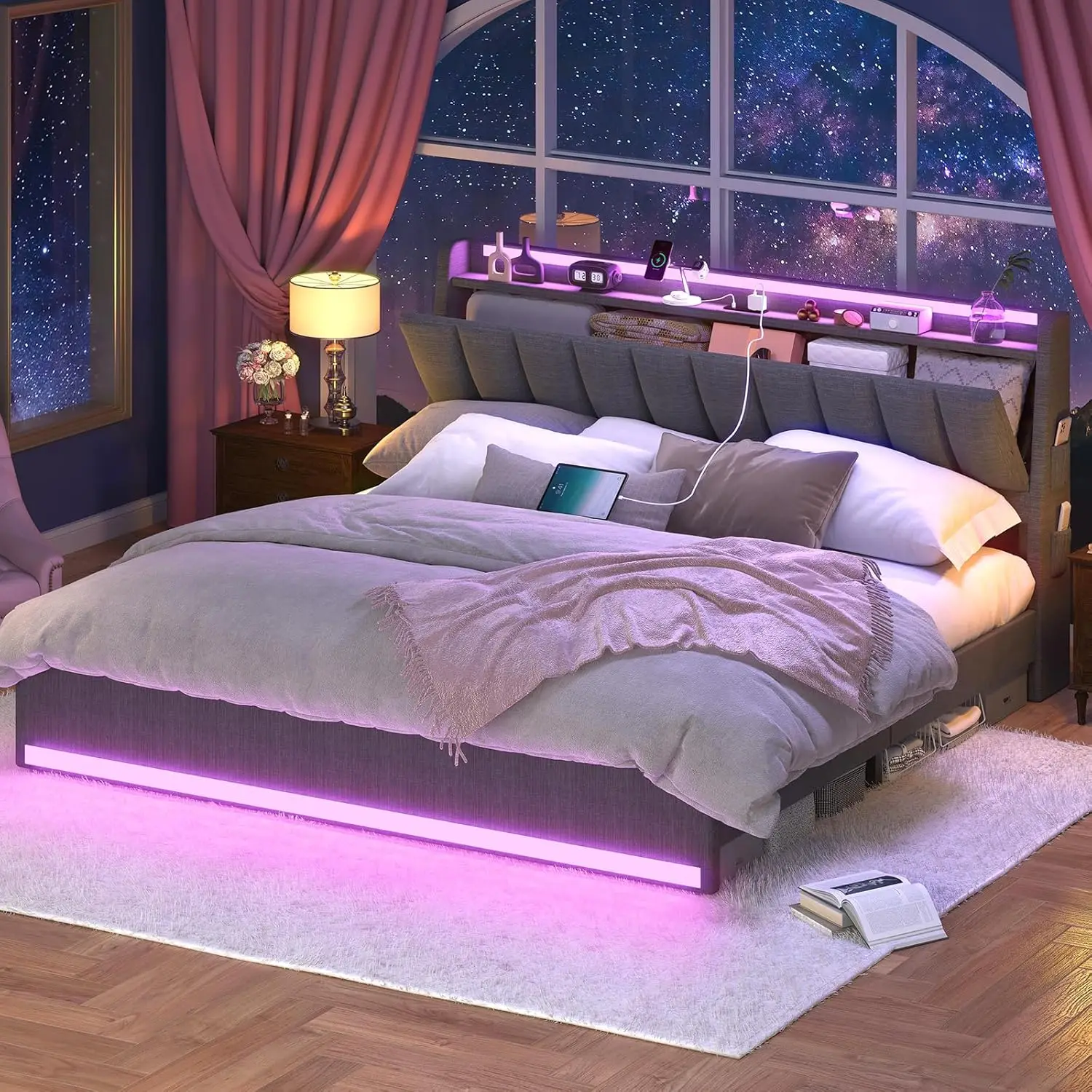 Queen Bed Frame with Storage Headboard & LED Lights, Upholstered Bed Frame Queen Size with Charging Station 6
