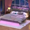 Queen Bed Frame with Storage Headboard & LED Lights, Upholstered Bed Frame Queen Size with Charging Station 6