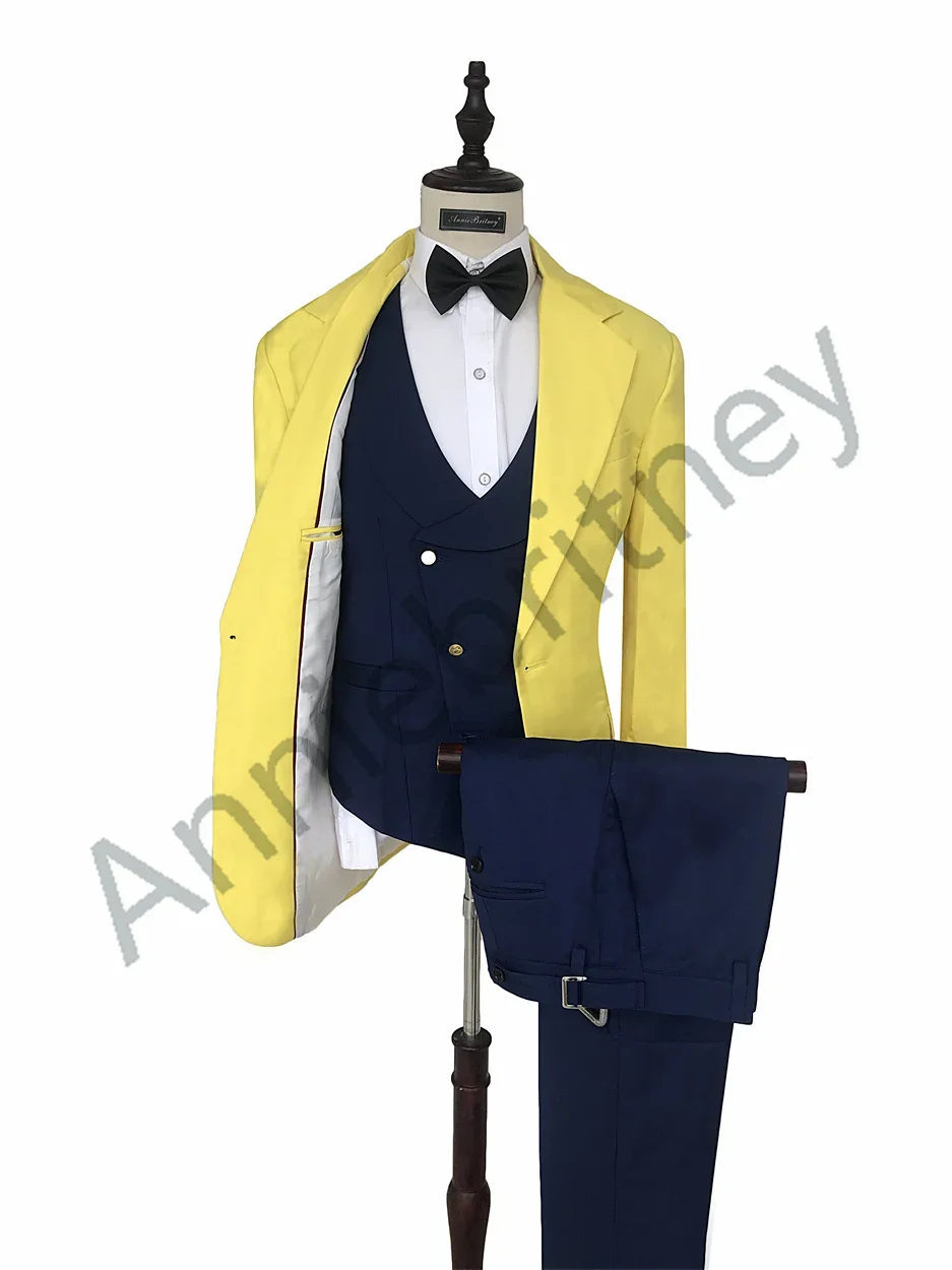 Description Picture 5 of itemBlue Jacket Yellow Vest Pants Fashion Men Suit Casual Slim Fit Blazers Hombre Prom Party High Quality Custom 3 Piece Set Costume