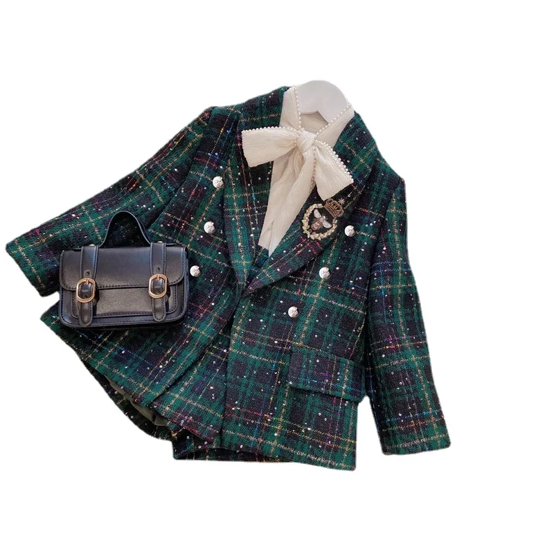 Girls 2pcs Set Korean Fashion Clothes for Girls Spring Autumn Plaid Blazer Coat Outwear+Shorts Outfits Children Clothing Suits