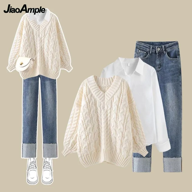 2023 Autumn/Winter New Korean Elegant V-neck Knit Sweater+Shirt+Jeans Three Piece Women's Loose Pullover Denim Pant Matching Set