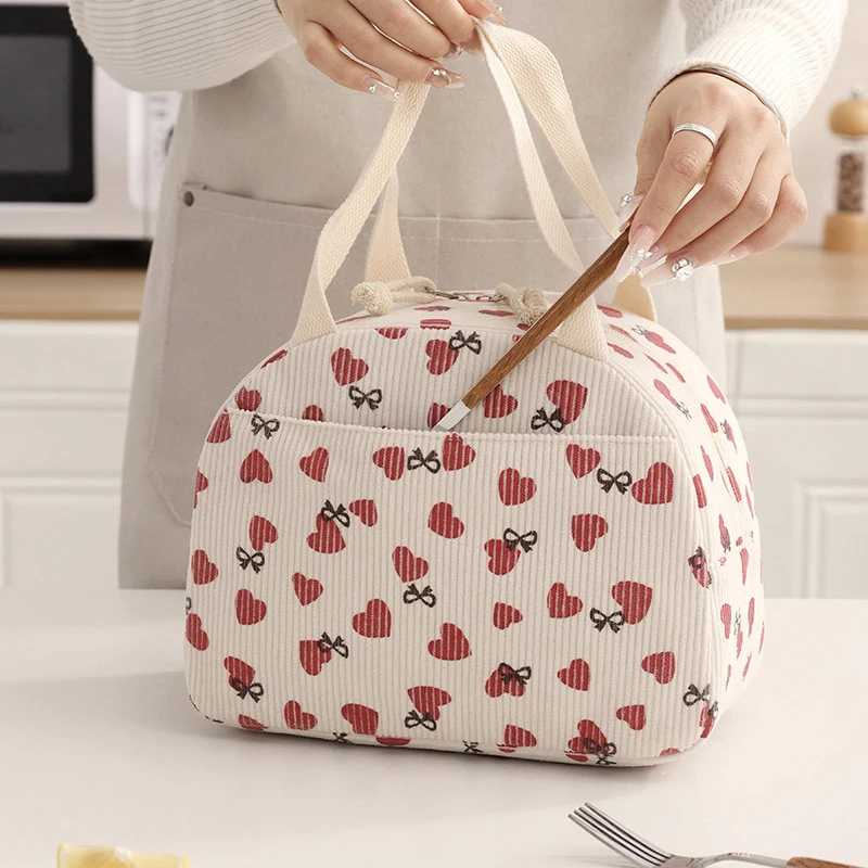 Cute Floral Corduroy Lunch Bag Thermal Insulation Bento Box Large Capacity Lunch Bag Handbag For Work School Picnic