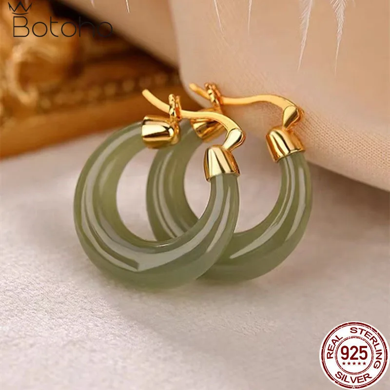 

Natural Jade Jasper 925 Sterling Silver Gold Plated Hoop Earrings For Women Simple Trendy Earring Daily Accessories
