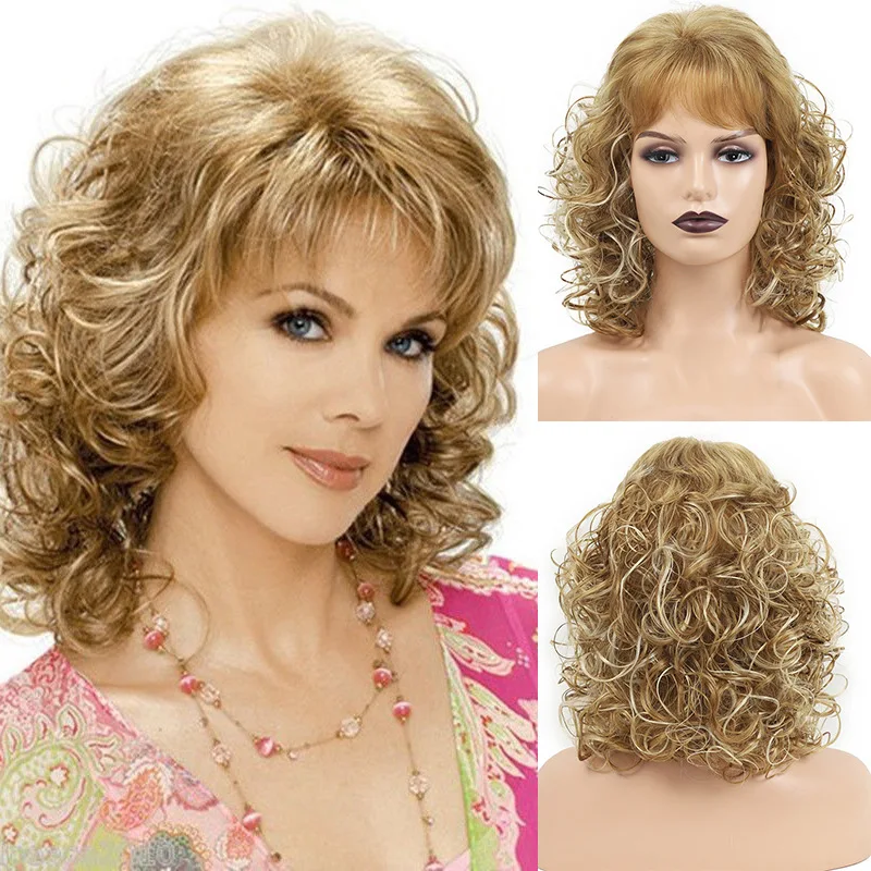 

Fashion ladies short curly hair mixed with golden wig bangs chemical fiber headgear