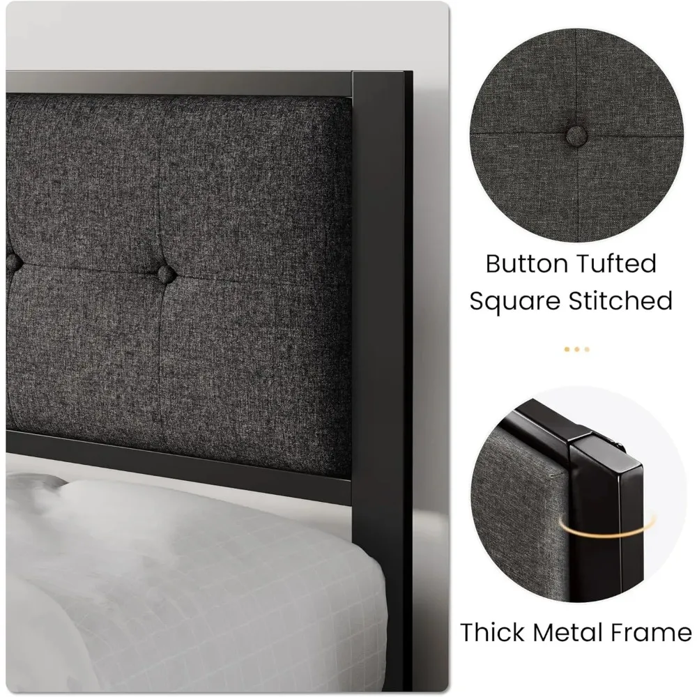 King Size Bed Frame with Upholstered Headboard, Platform Bed Frame with Metal Slats, Button Tufted Square Stitched Headboard, No 4