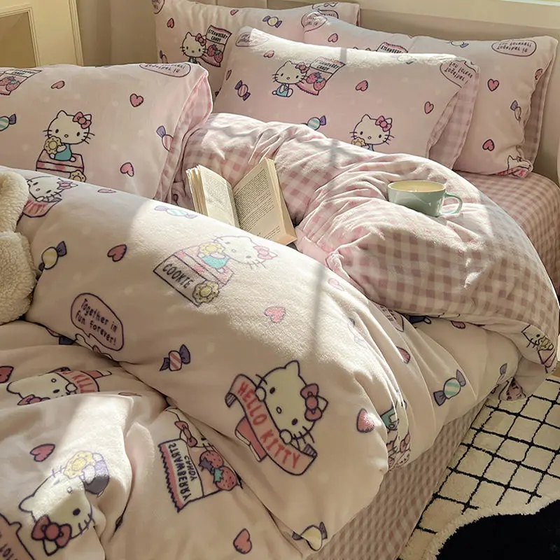 

Sanrio kawaii anime Hello kitty pochacco Winter milk velvet cute cartoon soft four-piece set velvet dormitory quilt cover toys