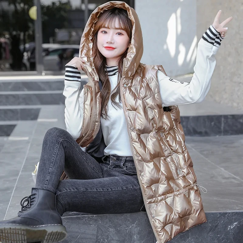 2023 Winter Women Long Shiny Solid Hooded Sleeveless Zipper Jacket Padded Thick Casual Fashion Outwear Stand Collar Cotton