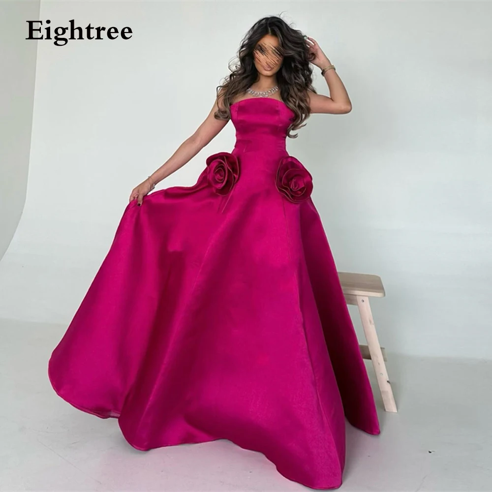 

Eightree Fuschia Prom Dresses Strapless Sleeveless Vestido De Fiesta A Line Women Prom Gowns Long Formal Evening Gown 3D Flowers