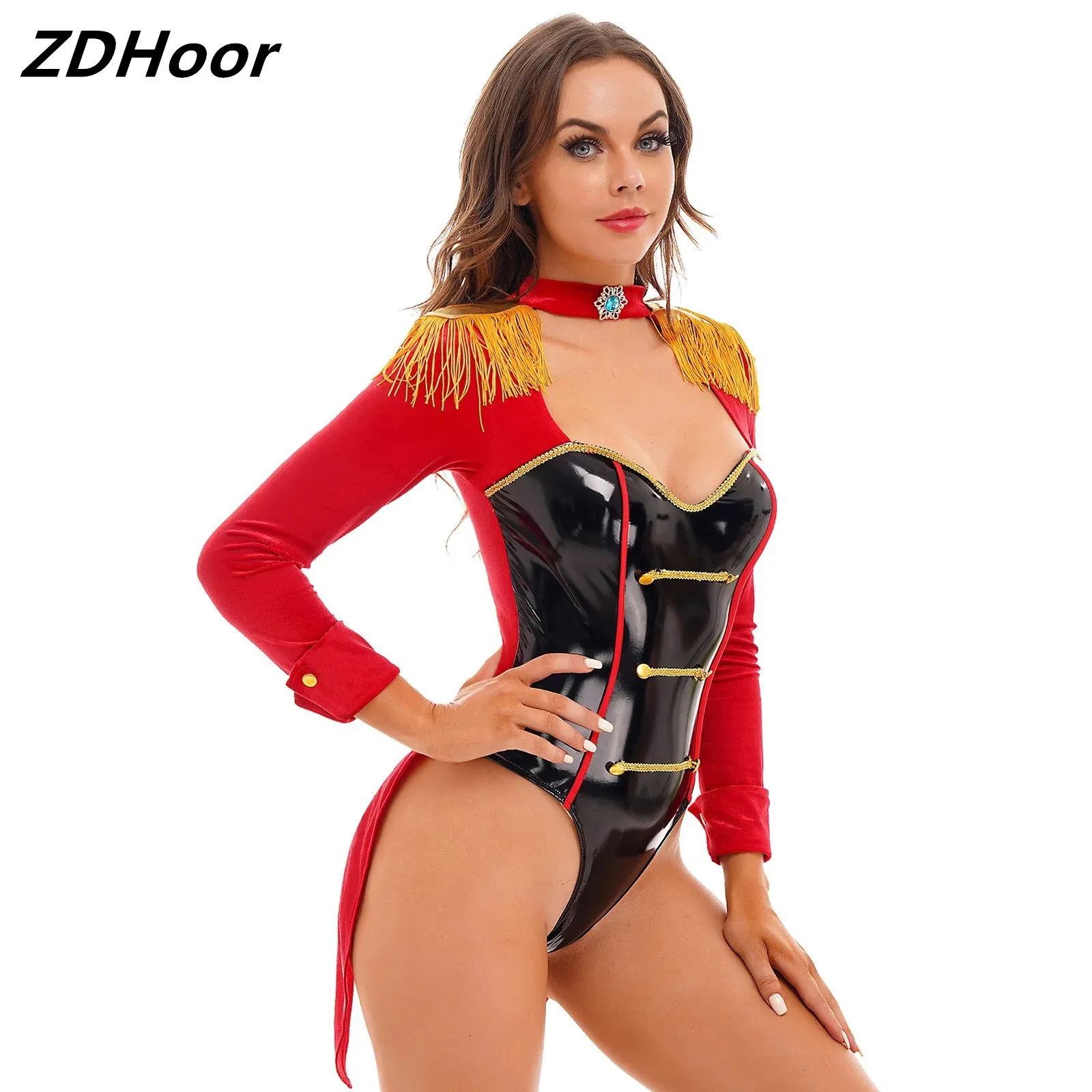 

Women Halloween Circus Ringmaster Cosplay Costume Tassel Long Sleeve Bodysuit Swallow-Tailed Catsuit for Party Stage Performance