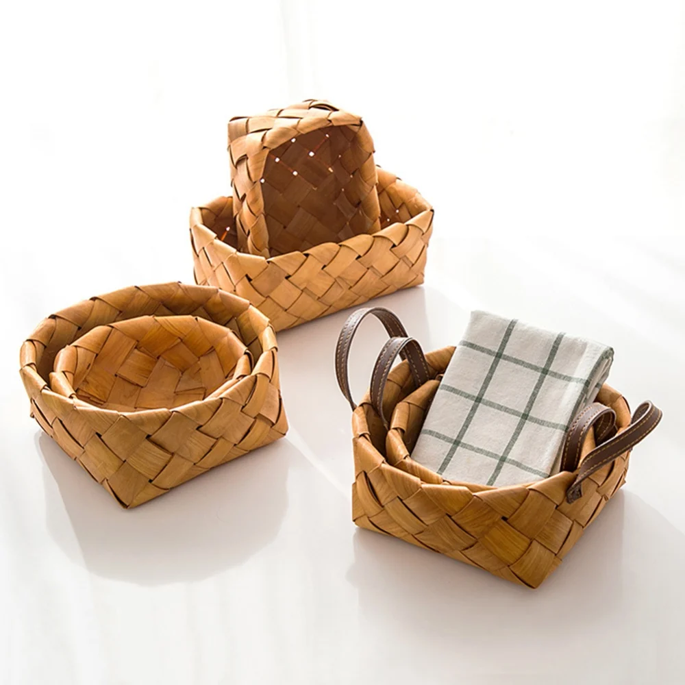 Desktop Storage Basket Fruit Vegetable Basket Bread Basket Hand Woven Bamboo Picnic Basket With Handle Sundries Organizer Decor 6