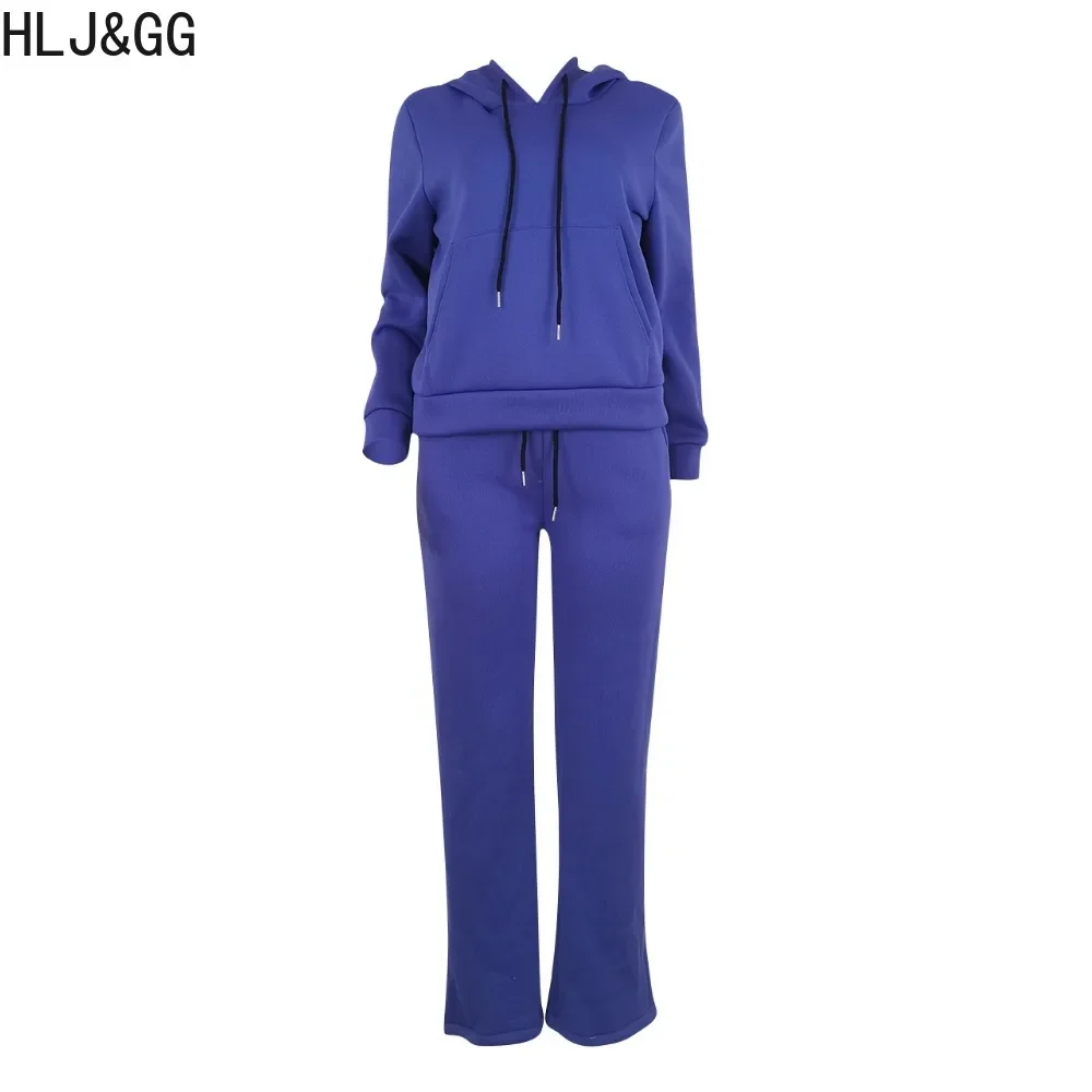 HLJ Autumn Winter Solid Color Hooded Tracksuits Women Long Sleeve Sweatshirts + Jogger Pants Casual Female Sporty Two Piece Sets