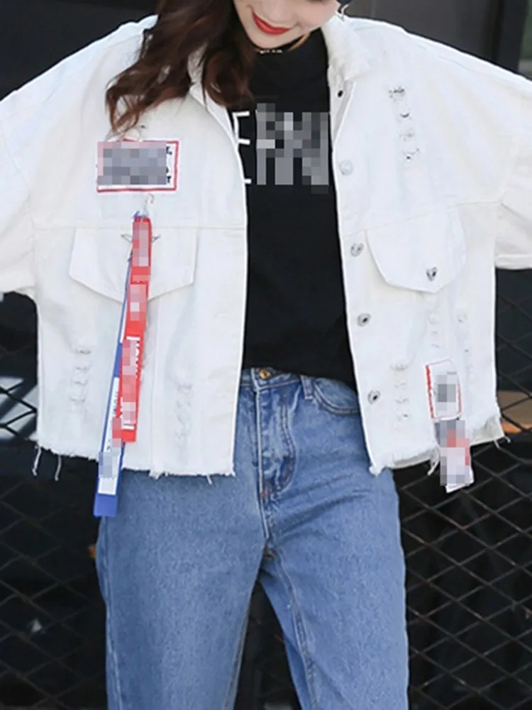 BPN Streetwear Denim Jackets For Women Lapel Long Sleeve Patchwork Single Breasted Cassual Loose Jacket Female Autumn Clothing