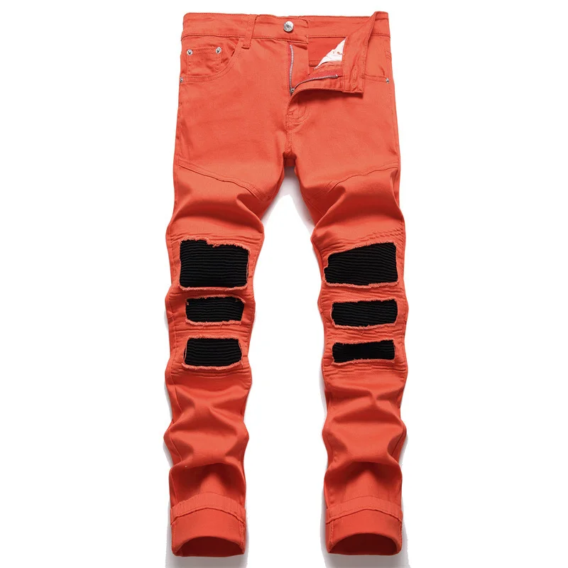 

Men Straight Jeans Orange Hole Patch Stretch Cotton Denim Spring Autumn Fashion Pants Street Trousers High Quality Dropshipping