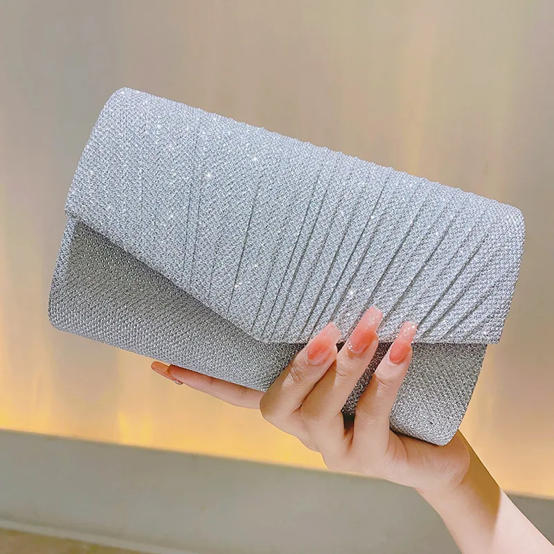 Ladies Glitter Silver Envelope Clutch Bag,Elegant Long Evening