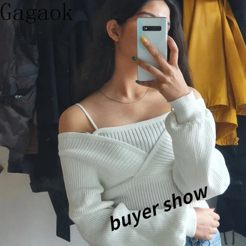 

Gagaok Fake Two Sweater Women Top 2023 New V-Neck Full Sexy Knitted Sweaters Korean Short Chic Wild Pullovers