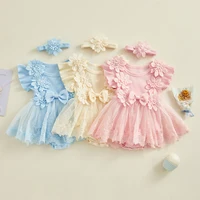 Summer Baby Girl 2pcs Lace Rompers Outfits Mesh Lace Ruffle Bodysuits Dress + Hairband Toddler Fashion Jumpsuits Clothes 1