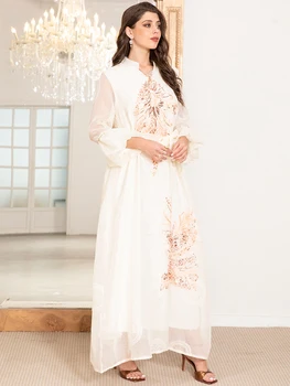 Elegant High Neck Arab Thobe Dress with Polka Dot Jacquard Embroidery & Lantern Sleeves, Modern Traditional Design 3