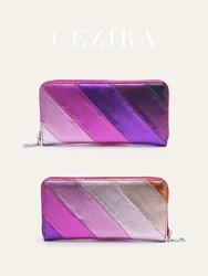 Women's Metallic Vegan Leather Long Wallet - Luxury Striped Patchwork Clutch Purse with Large Capacity (PURPLE)