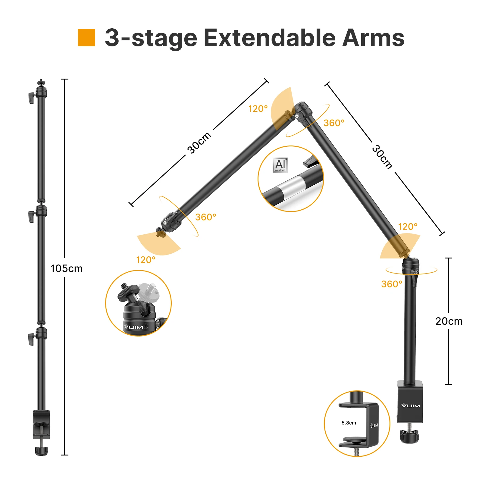 Ulanzi LS08 Flexible Overhead Camera Mount Desk Webcam Stand Microphone Boom Arm Tabletop Photography Videography Clamp Mount