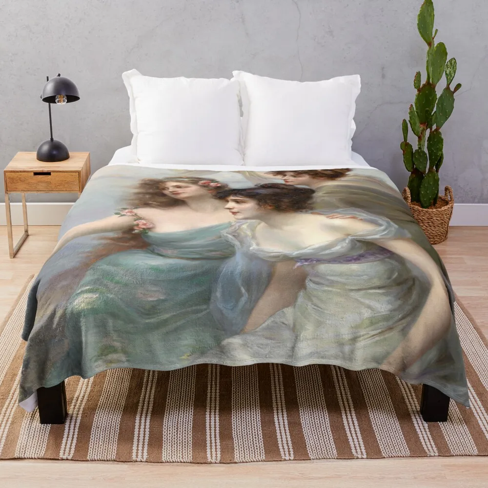 

Detail of The Three Graces by Edouard Bisson Throw Blanket Large Bed linens Picnic Warm Blankets